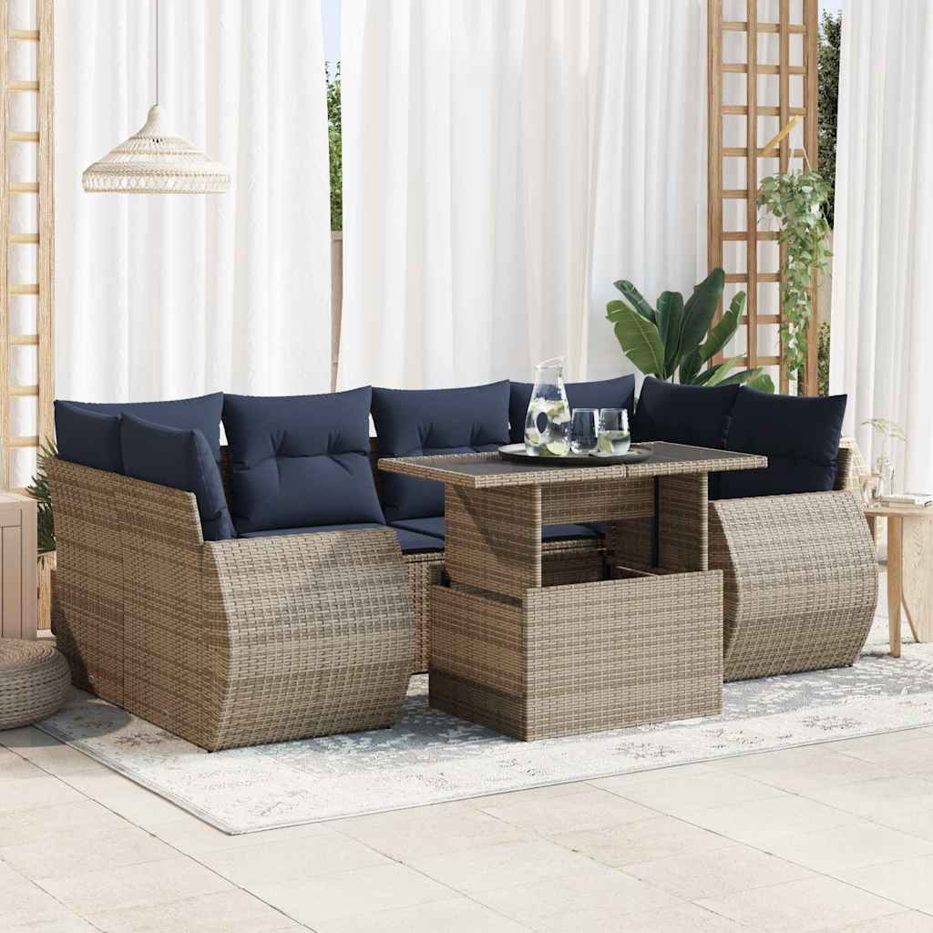 Set Divani da Giardino 7pz con Cuscini Grigio Polyrattan Acacia