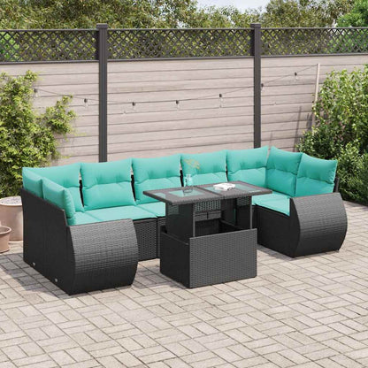 Set Divani da Giardino con Cuscini 8 pz Nero Polyrattan Acacia