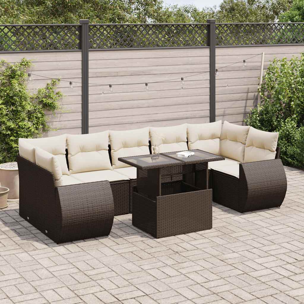 Set Divani da Giardino 8 pz con Cuscini Marrone in Polyrattan