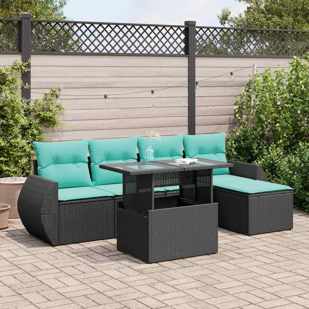 Set Divano da Giardino 6 pz con Cuscini Nero Polyrattan Acacia