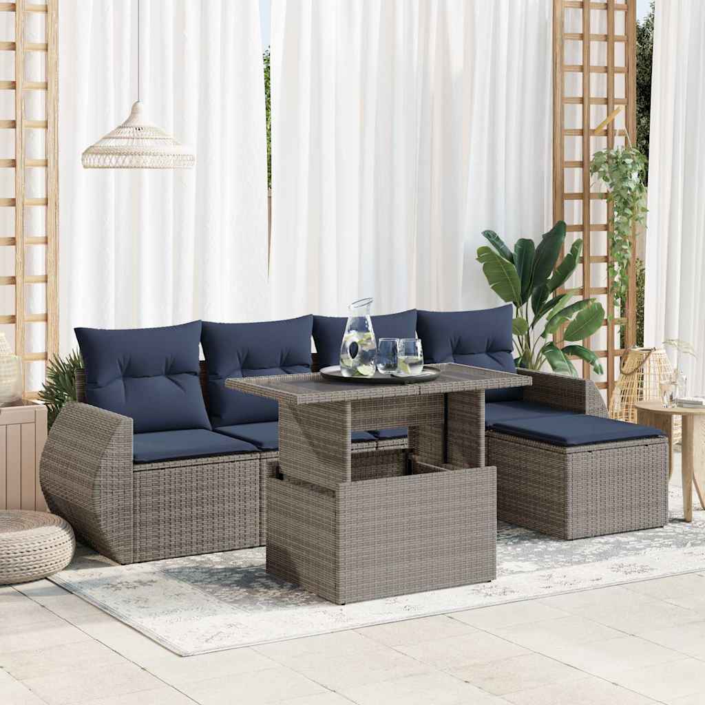 Set Divano da Giardino 6pz con Cuscini Grigio Polyrattan Acacia