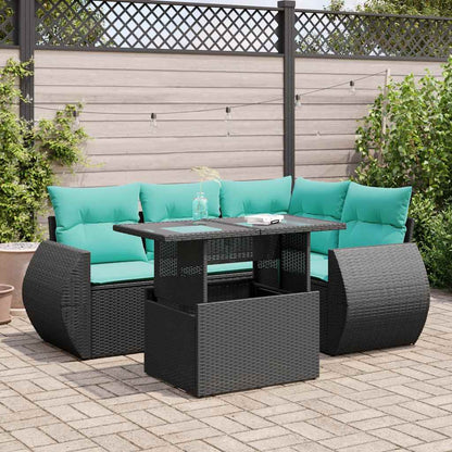 Set Divani da Giardino 5 pz con Cuscini Nero Polyrattan Acacia