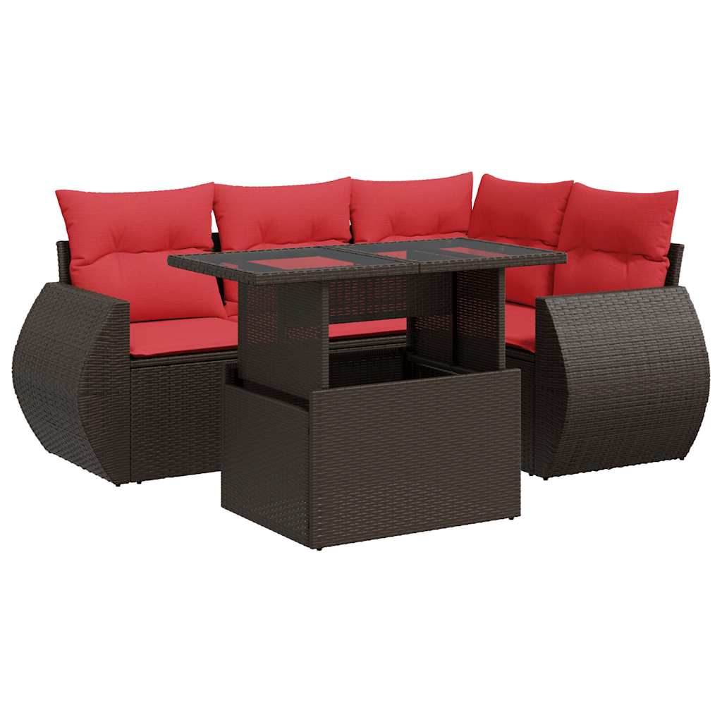 Set Divano da Giardino 5 pz Cuscini Marrone Polyrattan e Acacia
