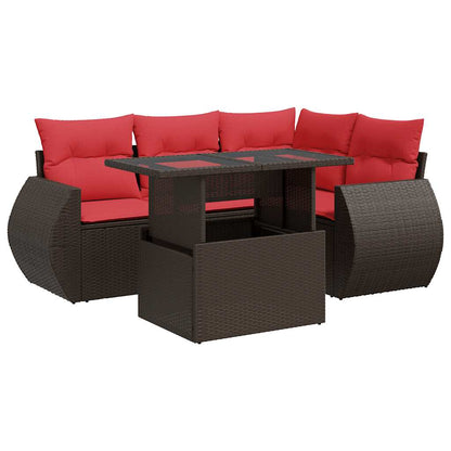 Set Divano da Giardino 5 pz Cuscini Marrone Polyrattan e Acacia