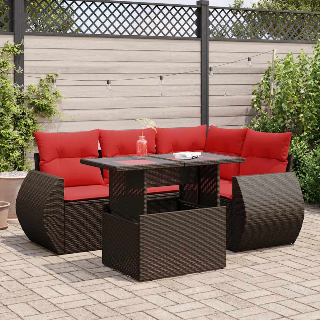 Set Divano da Giardino 5 pz Cuscini Marrone Polyrattan e Acacia