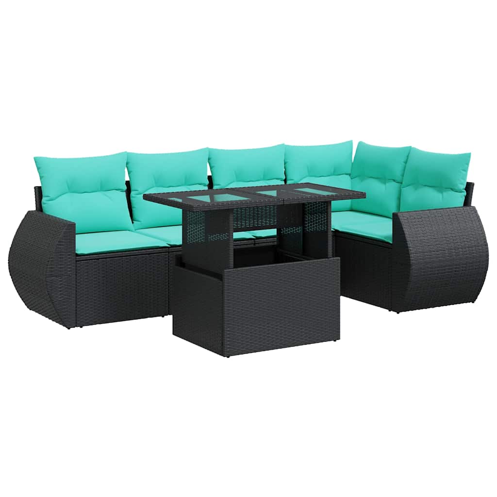 Set Divano da Giardino 6 pz con Cuscini Nero Polyrattan Acacia