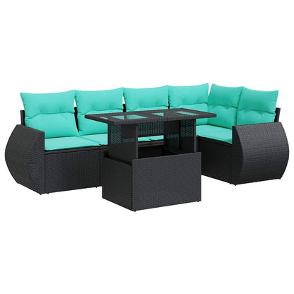 Set Divano da Giardino 6 pz con Cuscini Nero Polyrattan Acacia