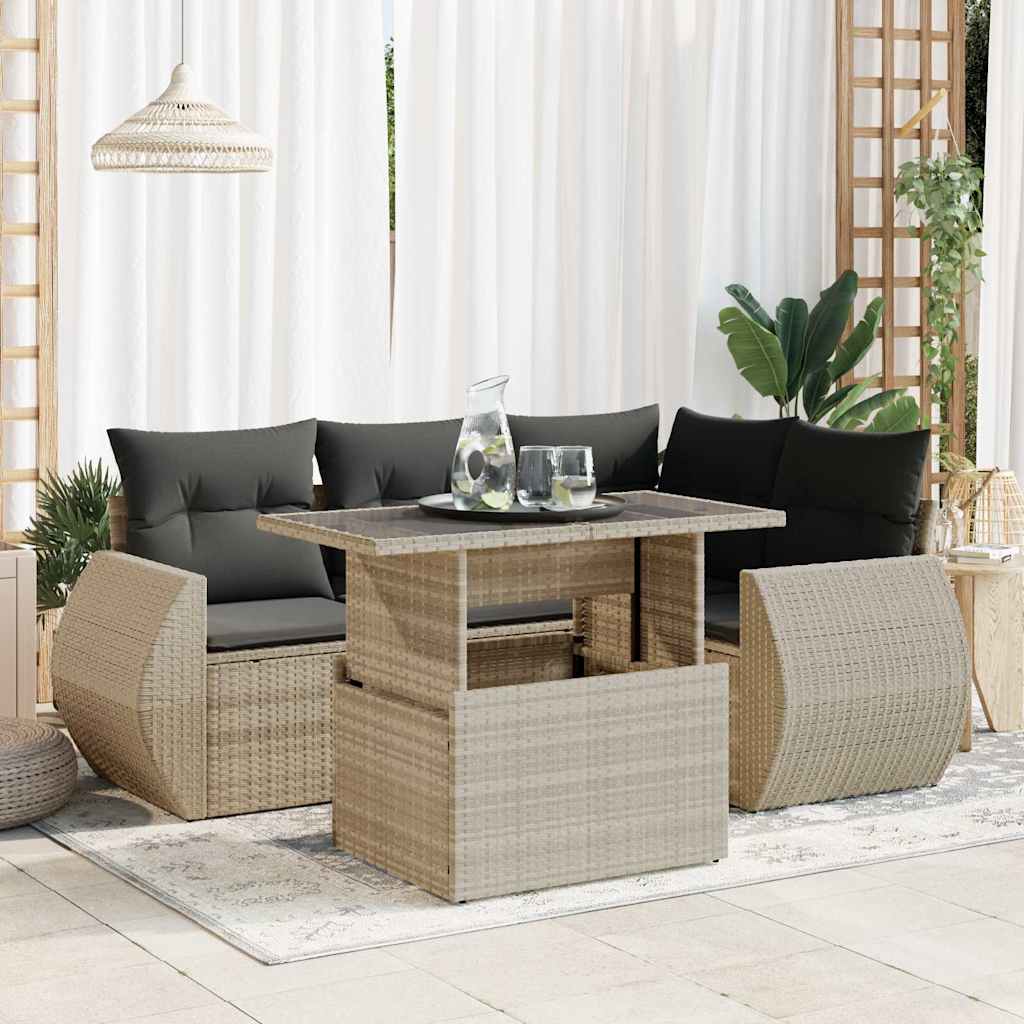 Set Divano da Giardino 6pz con Cuscini Grigio Chiaro Polyrattan