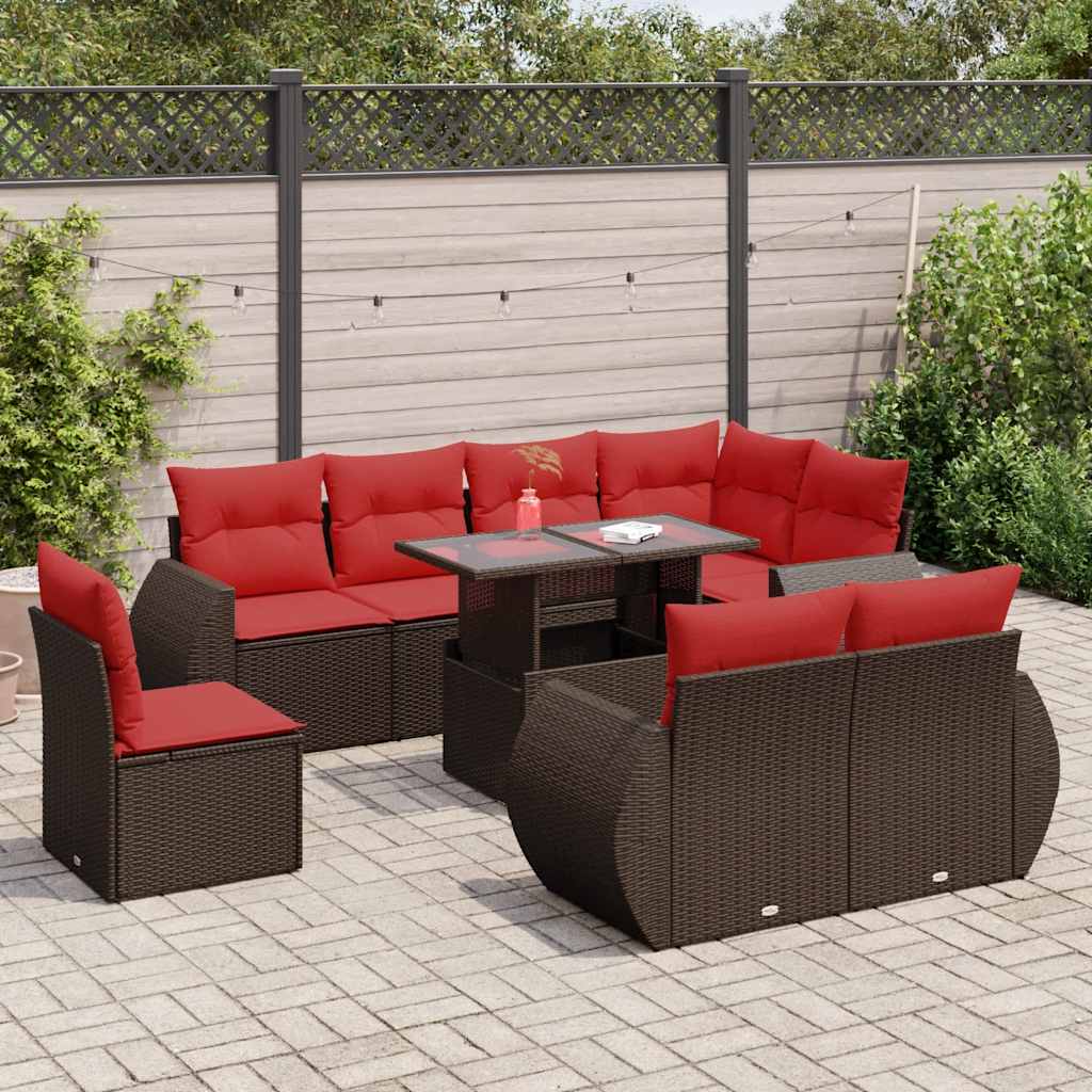 Set Divani Giardino 9 pz con Cuscini Marrone Polyrattan Acacia