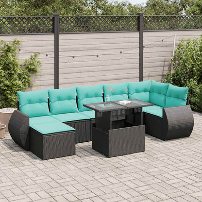 Set Divani da Giardino con Cuscini 8 pz Nero Polyrattan Acacia