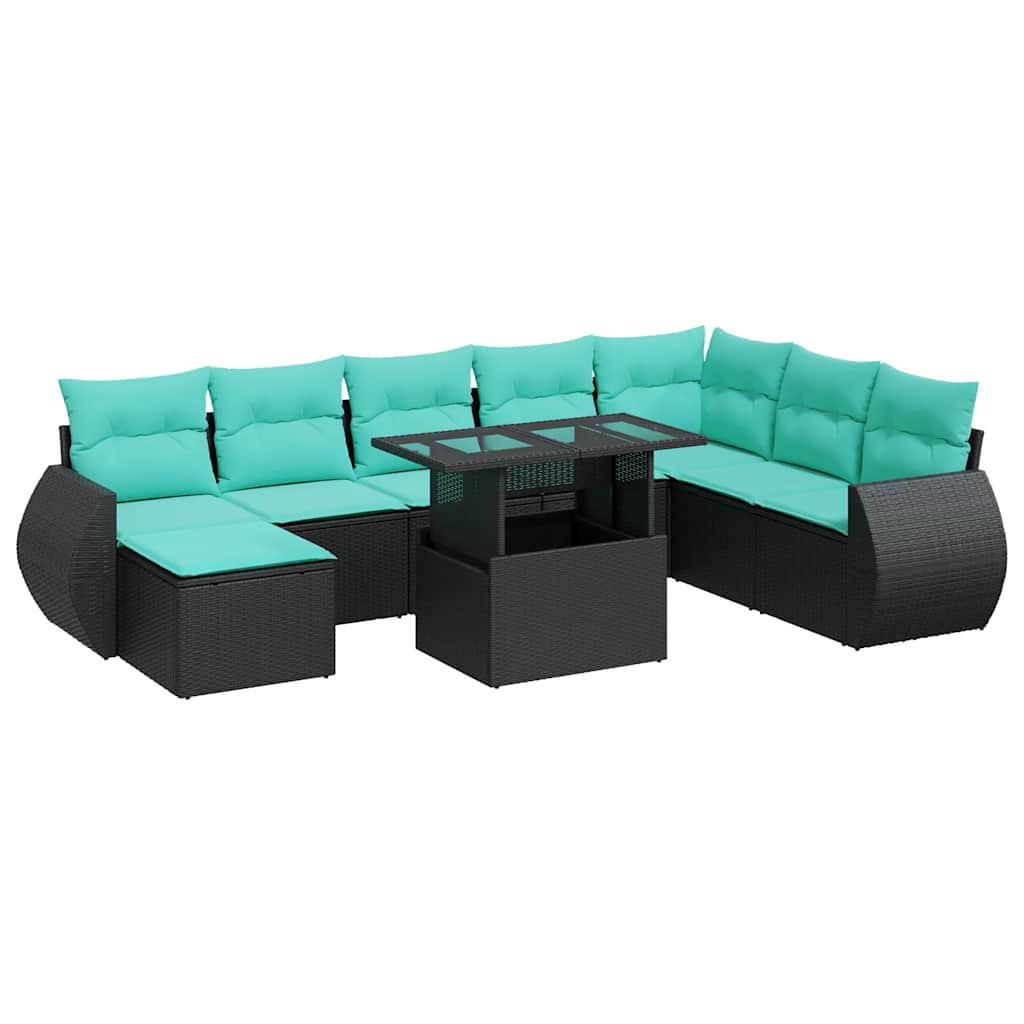 Set Divani da Giardino 9 pz con Cuscini Polyrattan Acacia Nero