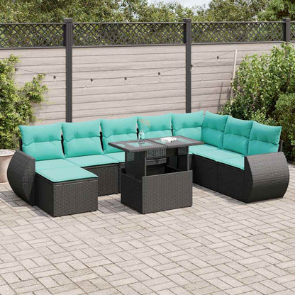 Set Divani da Giardino 9 pz con Cuscini Polyrattan Acacia Nero