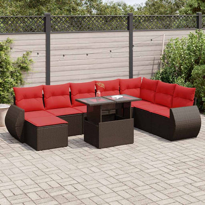 Set Divani Giardino 9 pz con Cuscini Polyrattan Marrone Acacia