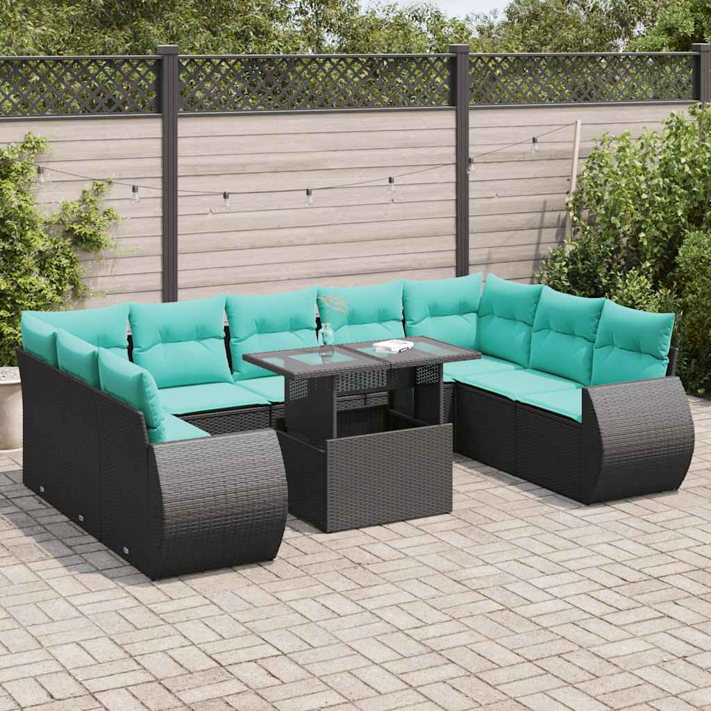 Set Divani Giardino 10pz con Cuscini Nero in Polyrattan Acacia