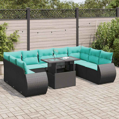 Set Divani Giardino 10pz con Cuscini Nero in Polyrattan Acacia