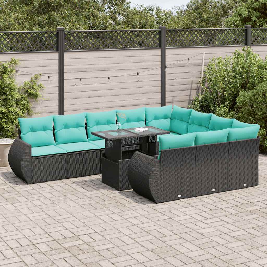 Set Divani da Giardino 11 pz con Cuscini Polyrattan Acacia Nero