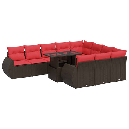 Set Divani Giardino 11 pz con Cuscini Polyrattan Marrone Acacia