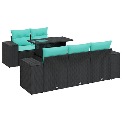 Set Divano da Giardino 6 pz con Cuscini Nero Polyrattan Acacia