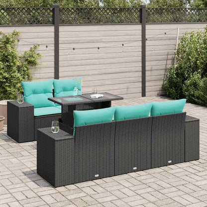 Set Divano da Giardino 6 pz con Cuscini Nero Polyrattan Acacia