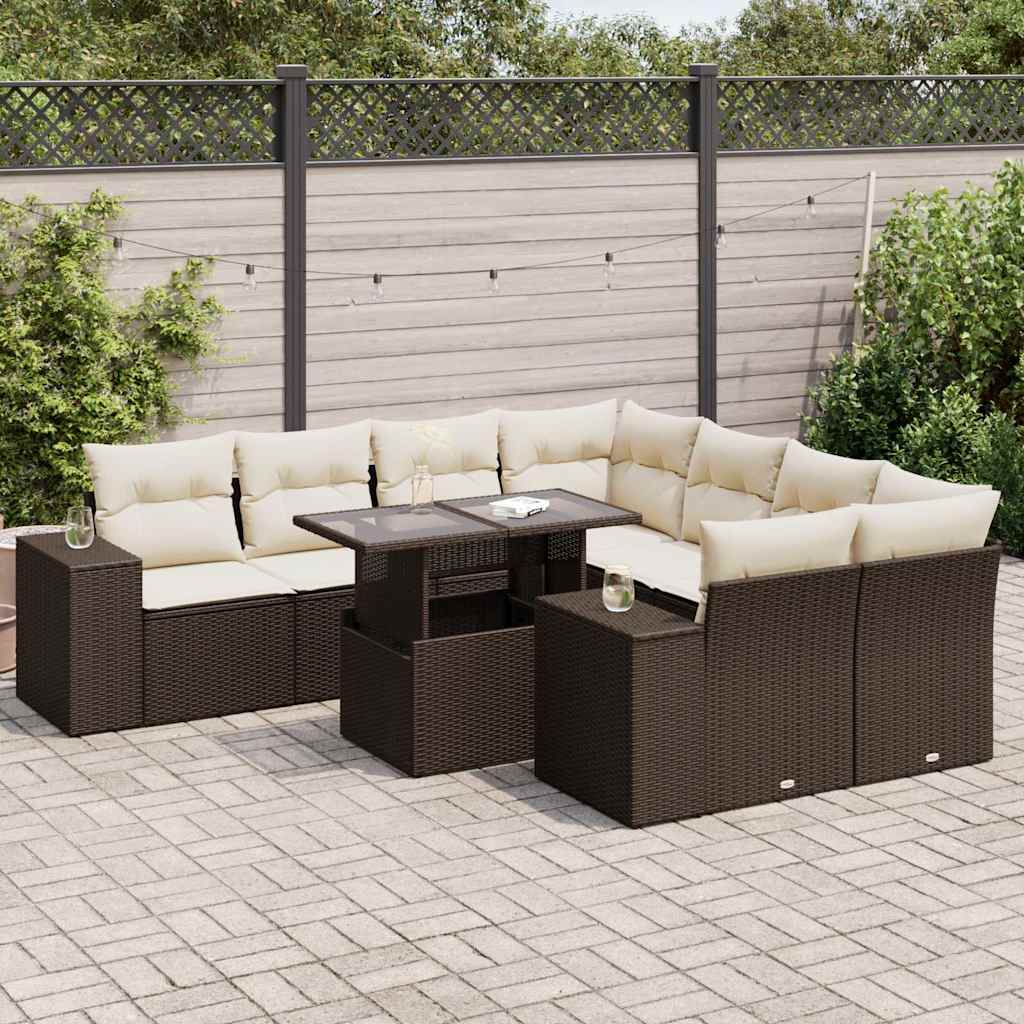 Set Divani da Giardino 9pz con Cuscini Marrone in Polyrattan