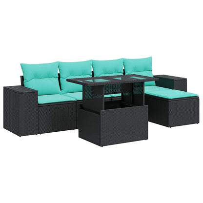 Set Divano da Giardino 6 pz con Cuscini Nero Polyrattan Acacia