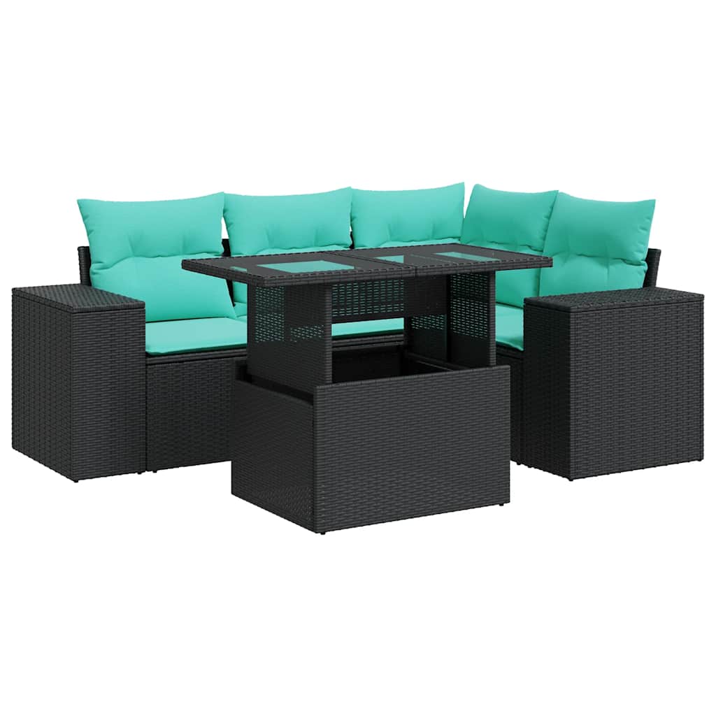 Set Divano da Giardino 5 pz con Cuscini Nero Polyrattan Acacia