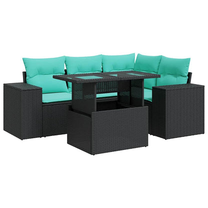 Set Divano da Giardino 5 pz con Cuscini Nero Polyrattan Acacia