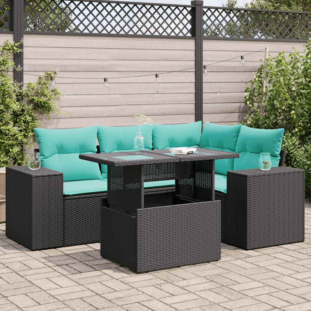 Set Divano da Giardino 5 pz con Cuscini Nero Polyrattan Acacia
