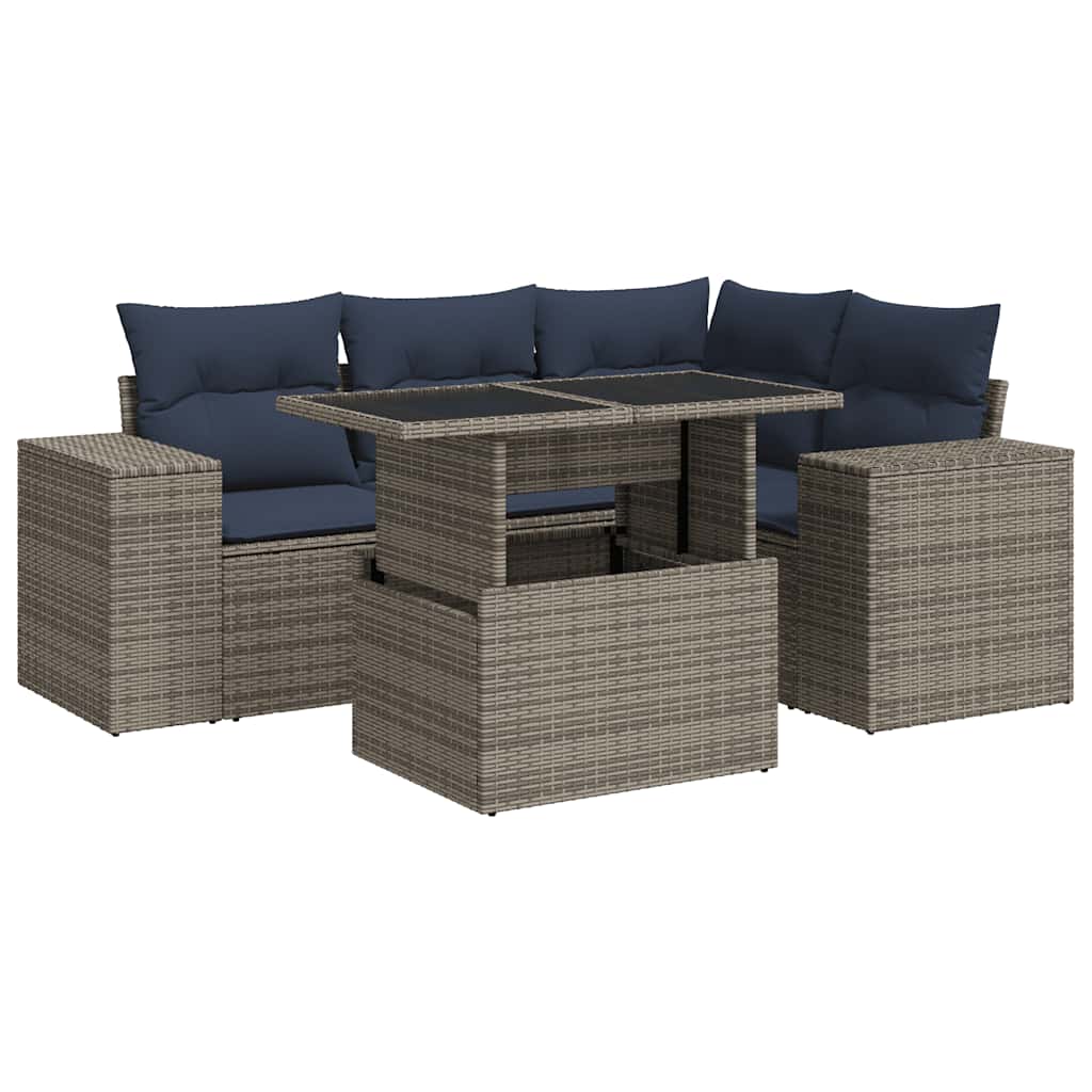 Set Divano da Giardino 5pz con Cuscini Grigio Polyrattan