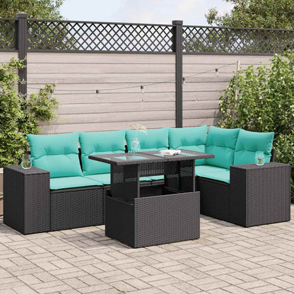 Set Divani da Giardino 6 pz con Cuscini Nero Polyrattan Acacia