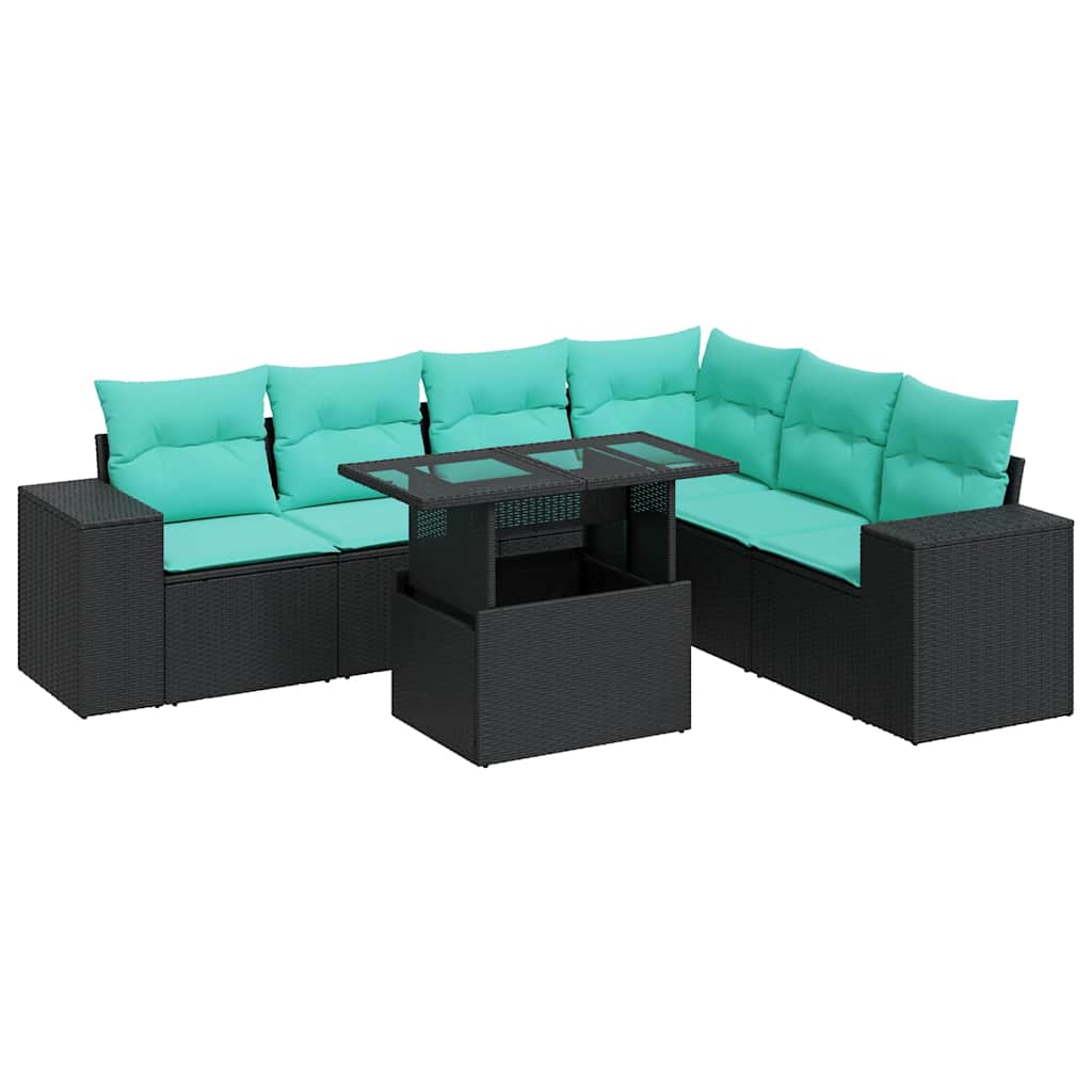 Set Divani Giardino 7pz con Cuscini Nero in Polyrattan Acacia