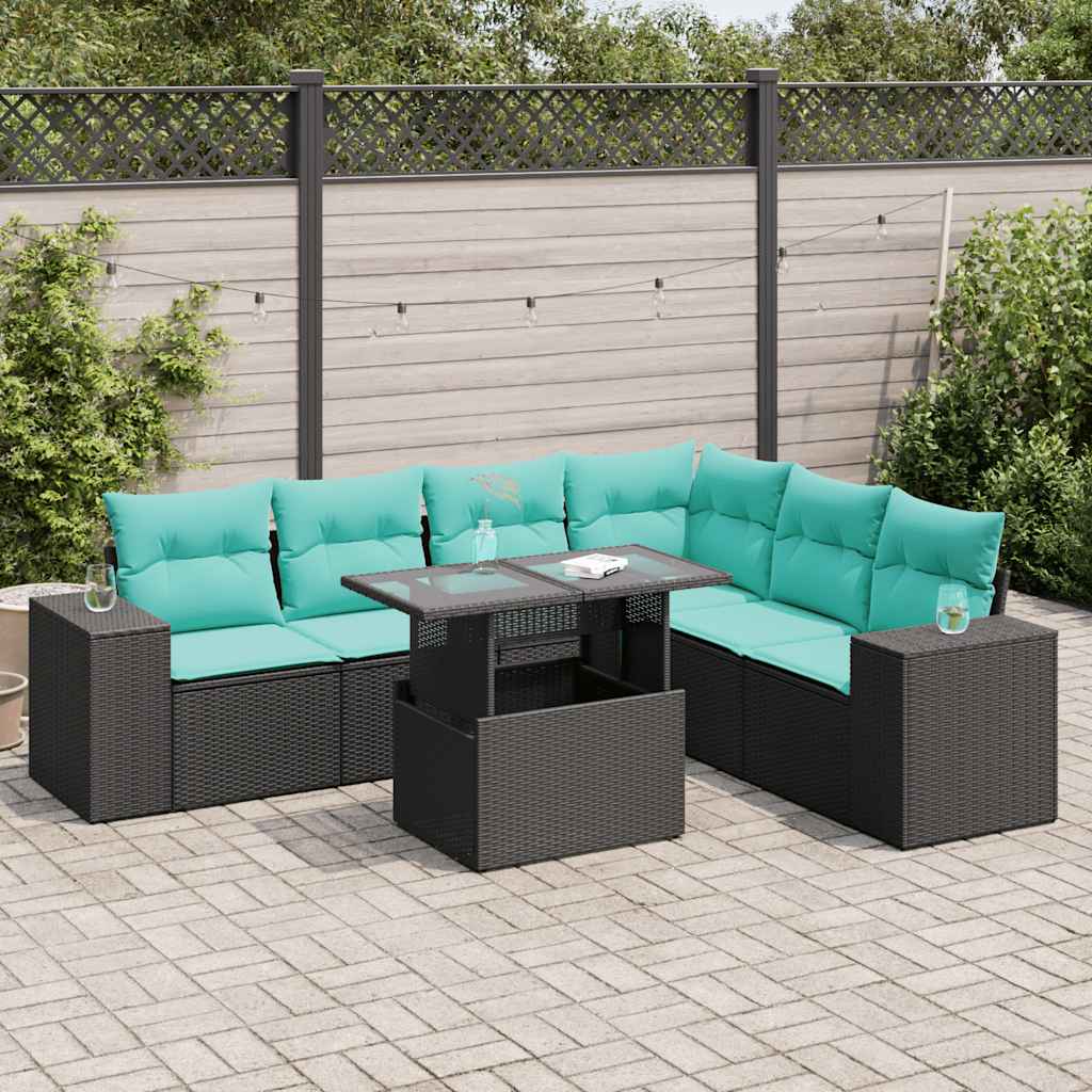 Set Divani Giardino 7pz con Cuscini Nero in Polyrattan Acacia