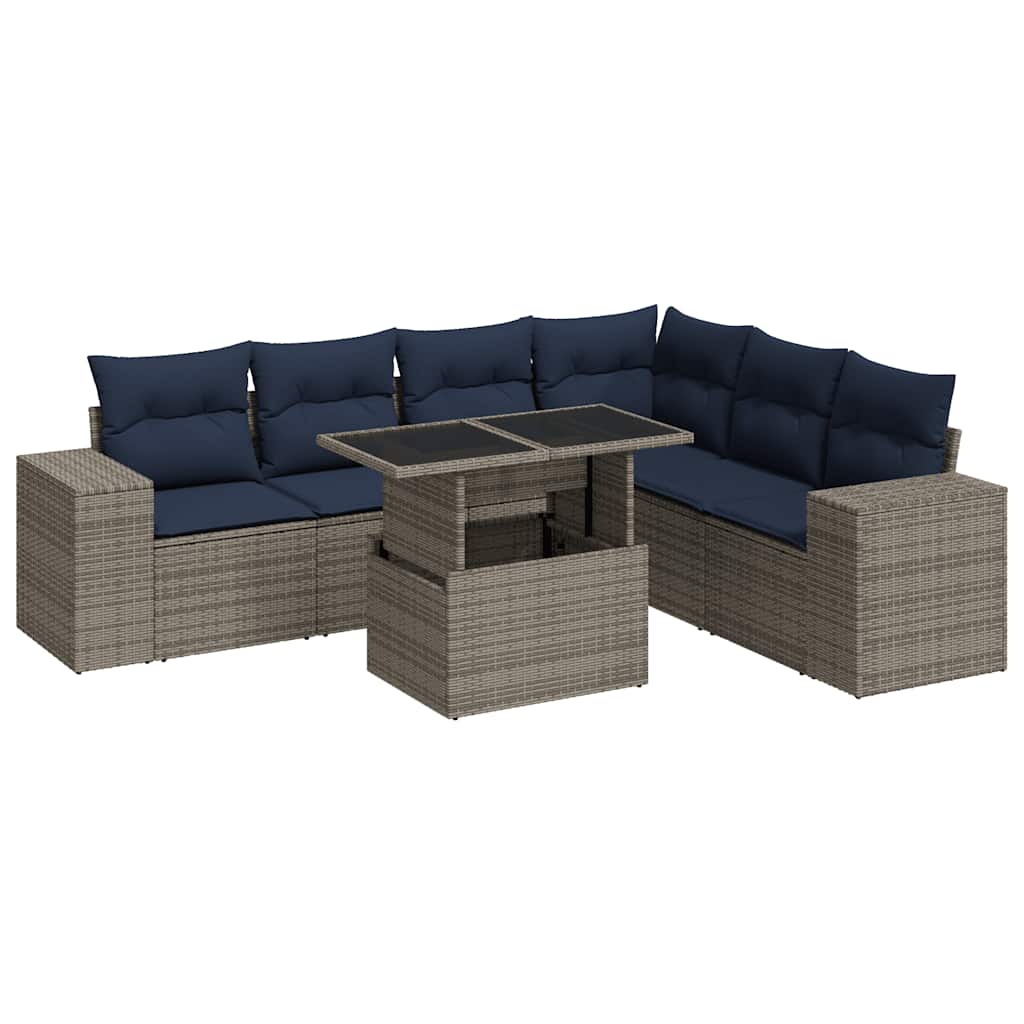 Set Divani Giardino 7 pz con Cuscini Polyrattan Grigio Acacia