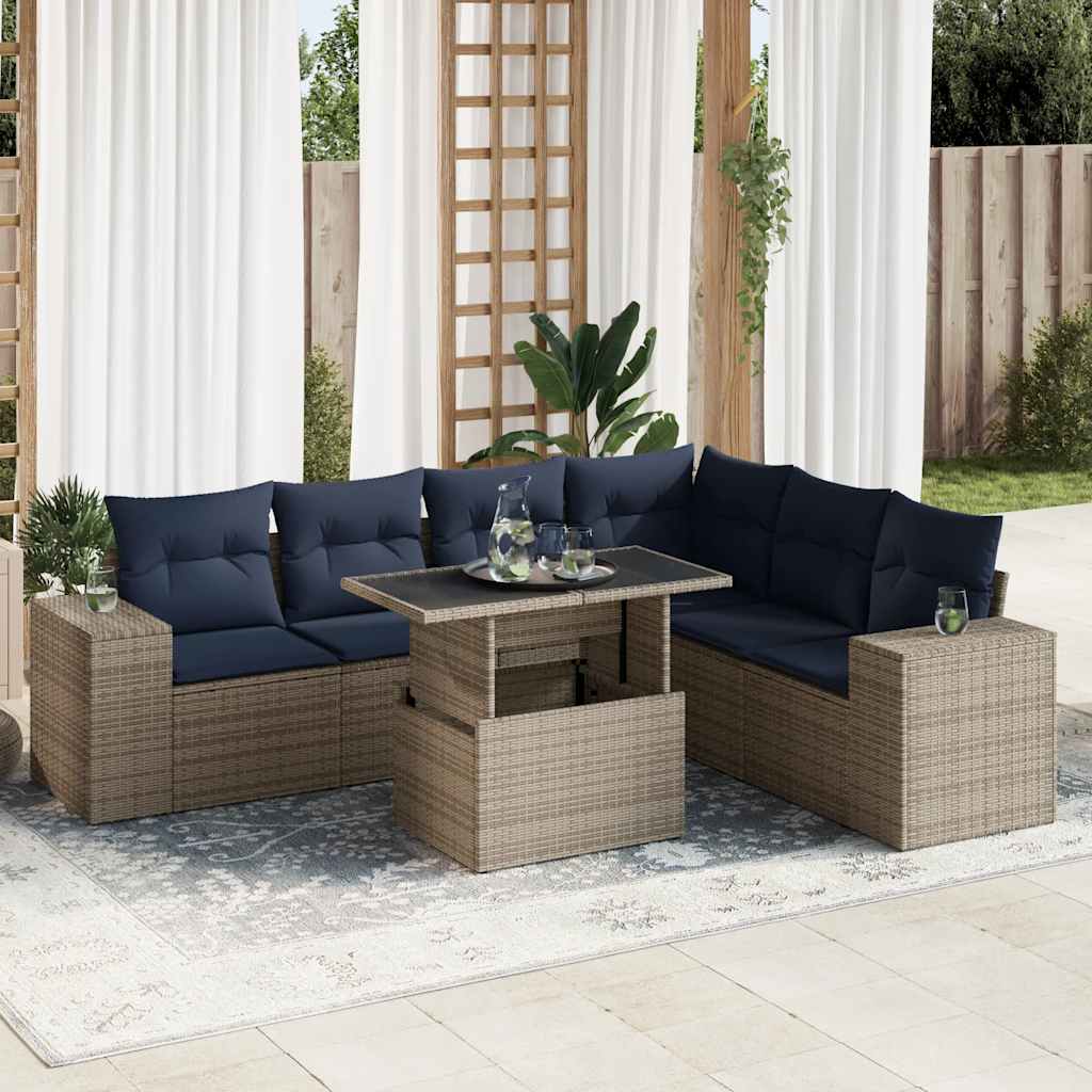 Set Divani Giardino 7 pz con Cuscini Polyrattan Grigio Acacia