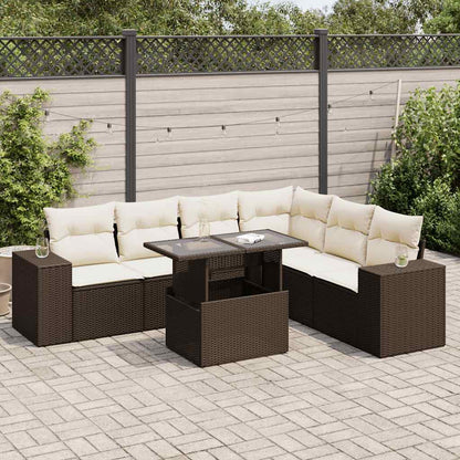 Set Divani da Giardino 7 pz con Cuscini Marrone in Polyrattan