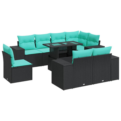 Set Divani Giardino 9 pz con Cuscini Nero in Polyrattan Acacia