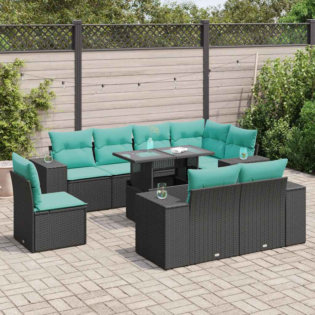 Set Divani Giardino 9 pz con Cuscini Nero in Polyrattan Acacia