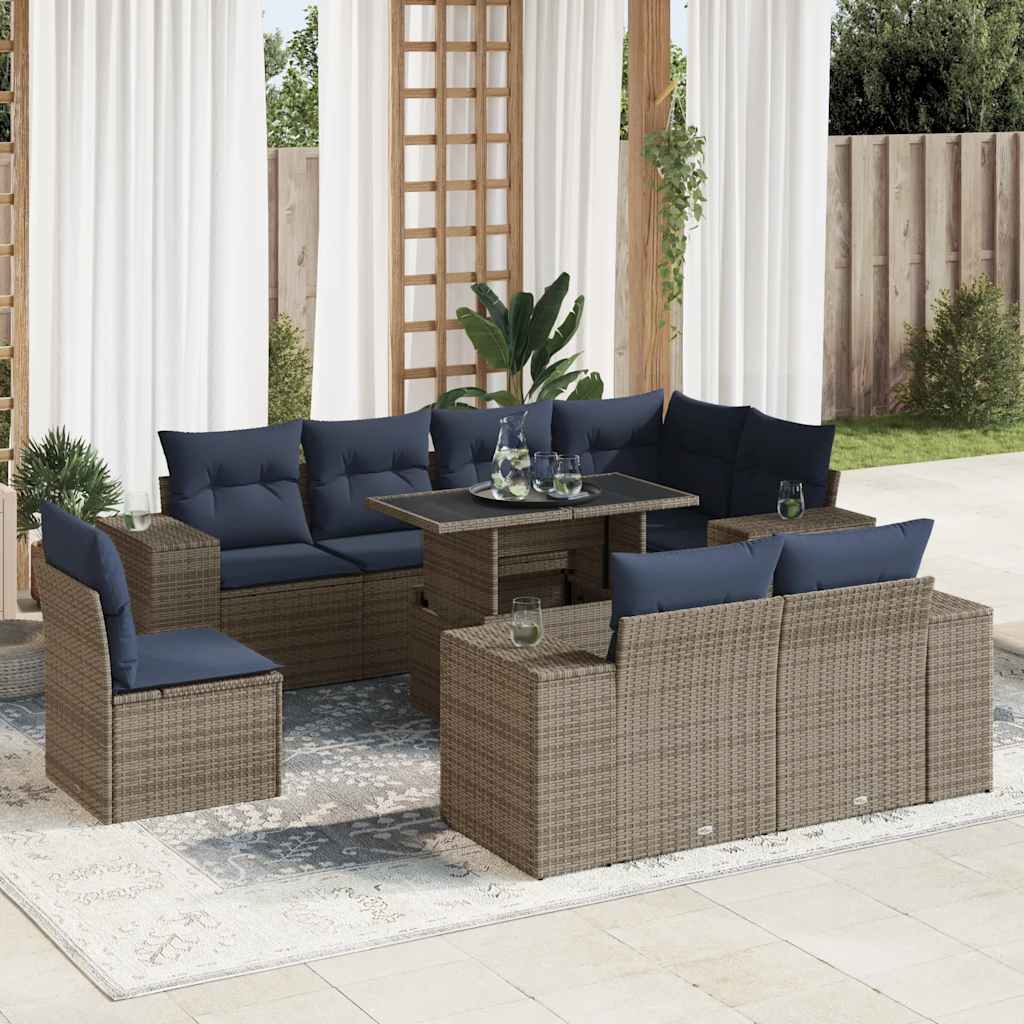 Set Divani Giardino 9 pz con Cuscini Polyrattan Grigio Acacia