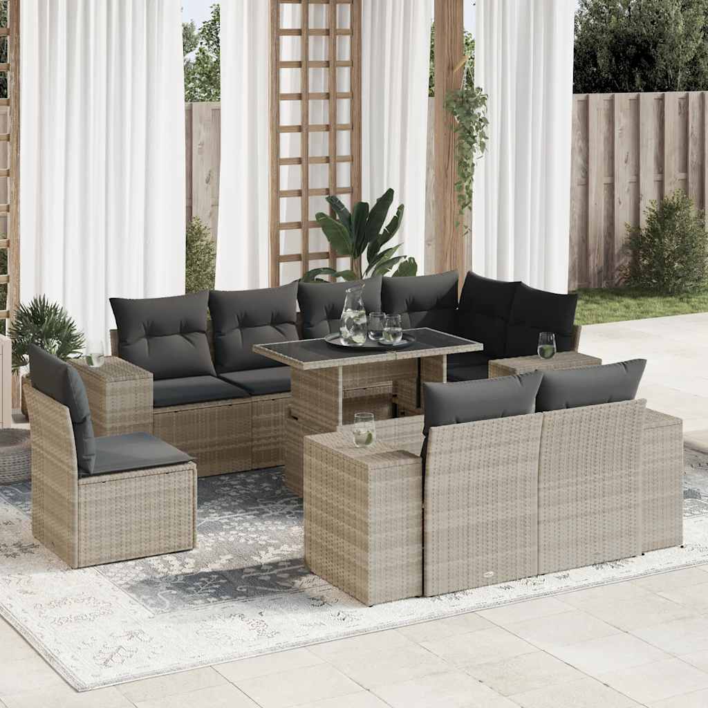 Set Divano da Giardino 9pz con Cuscini Grigio Chiaro Polyrattan