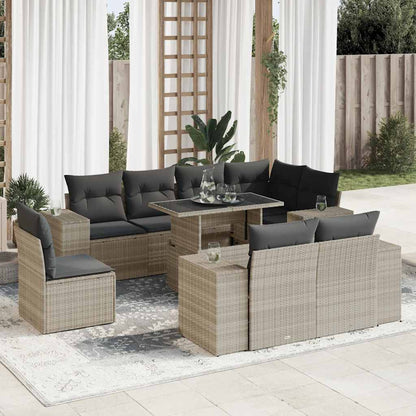 Set Divano da Giardino 9pz con Cuscini Grigio Chiaro Polyrattan