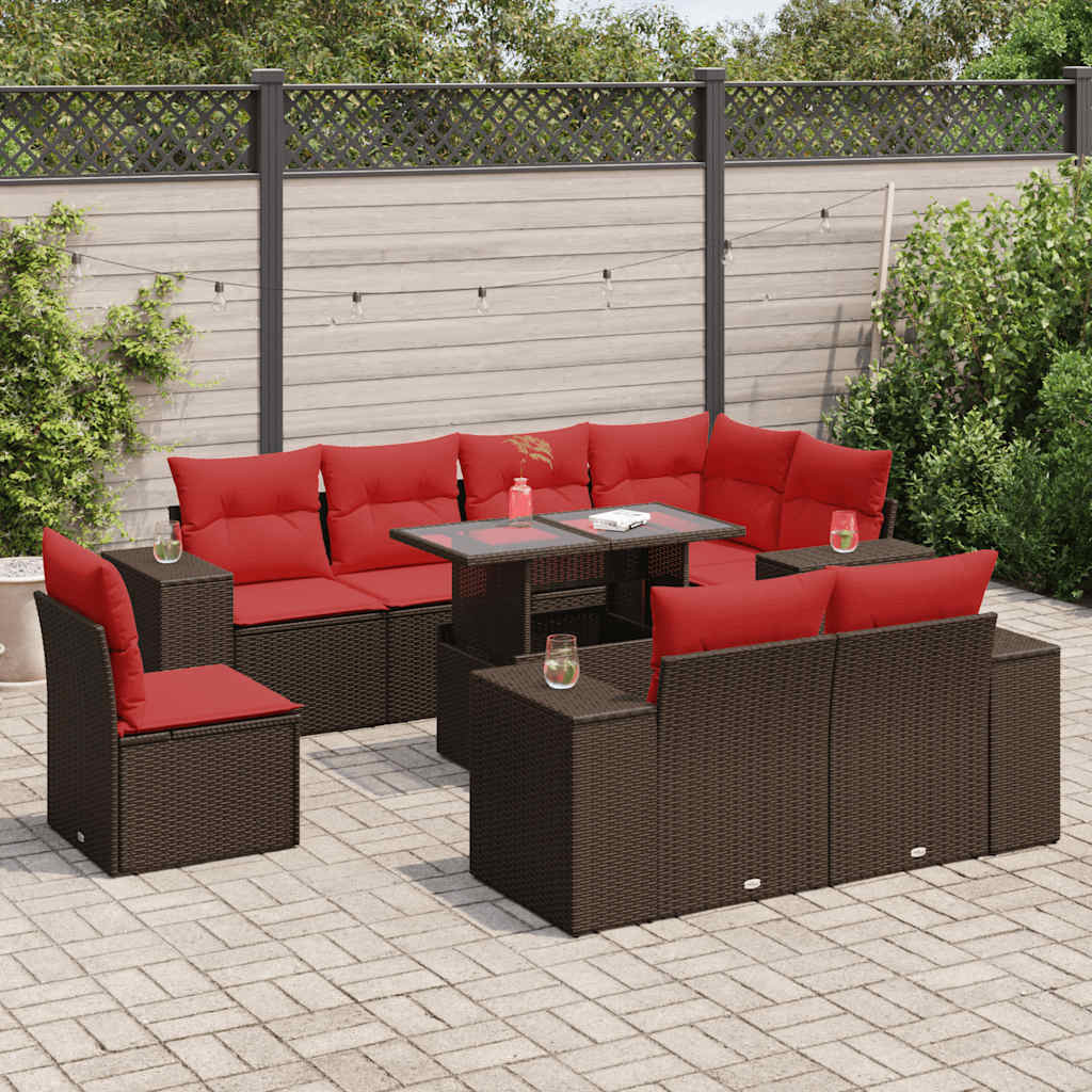 Set Divani Giardino 9 pz con Cuscini Marrone Polyrattan Acacia