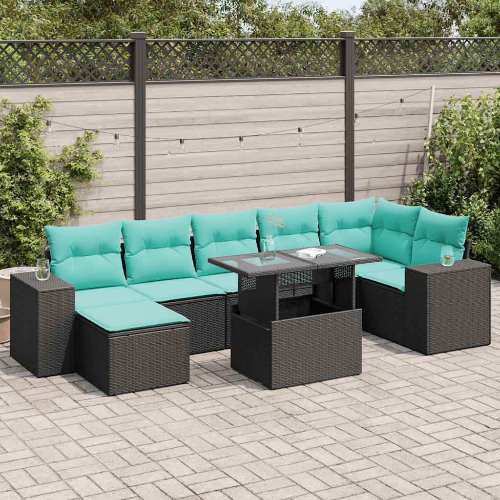 Set Divani da Giardino con Cuscini 8 pz Nero Polyrattan Acacia