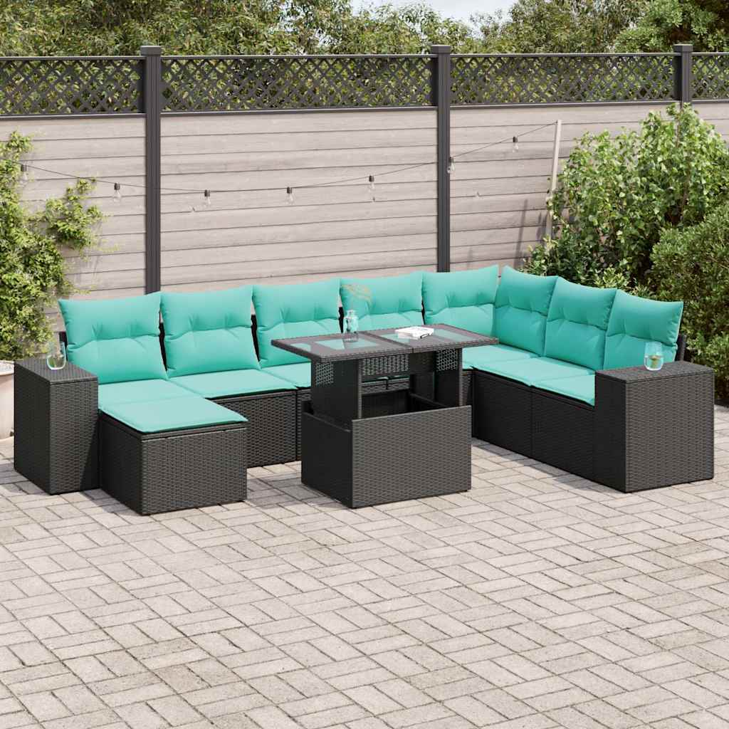 Set Divani da Giardino 9 pz con Cuscini Nero Polyrattan Acacia