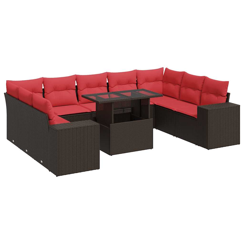 Set Divani Giardino 10 pz con Cuscini Polyrattan Marrone Acacia