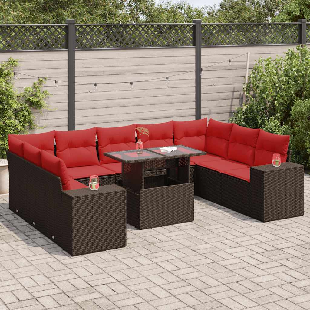 Set Divani Giardino 10 pz con Cuscini Polyrattan Marrone Acacia