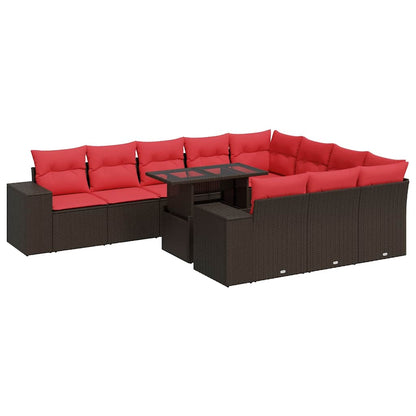 Set Divani Giardino 11 pz con Cuscini Polyrattan Marrone Acacia