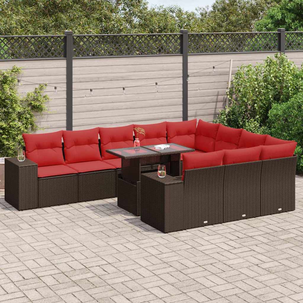 Set Divani Giardino 11 pz con Cuscini Polyrattan Marrone Acacia