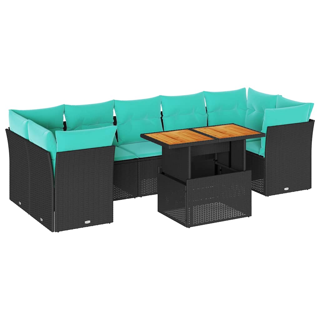 Set Divano da Giardino 8 pz con Cuscini Nero in Polyrattan