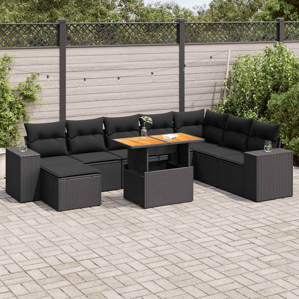 Set Divani da Giardino 9 pz con Cuscini Nero Polyrattan Acacia
