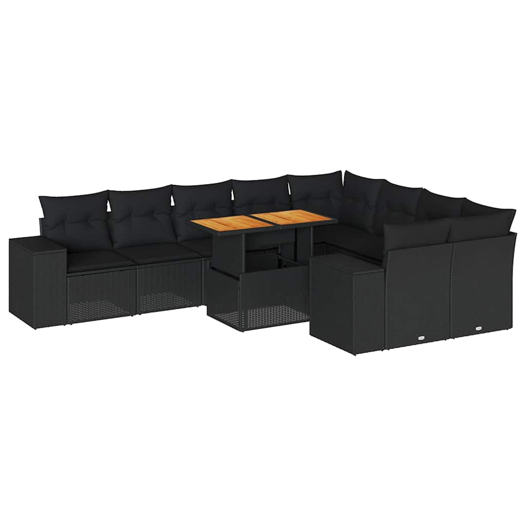 Set Divani Giardino 10pz con Cuscini Nero in Polyrattan Acacia